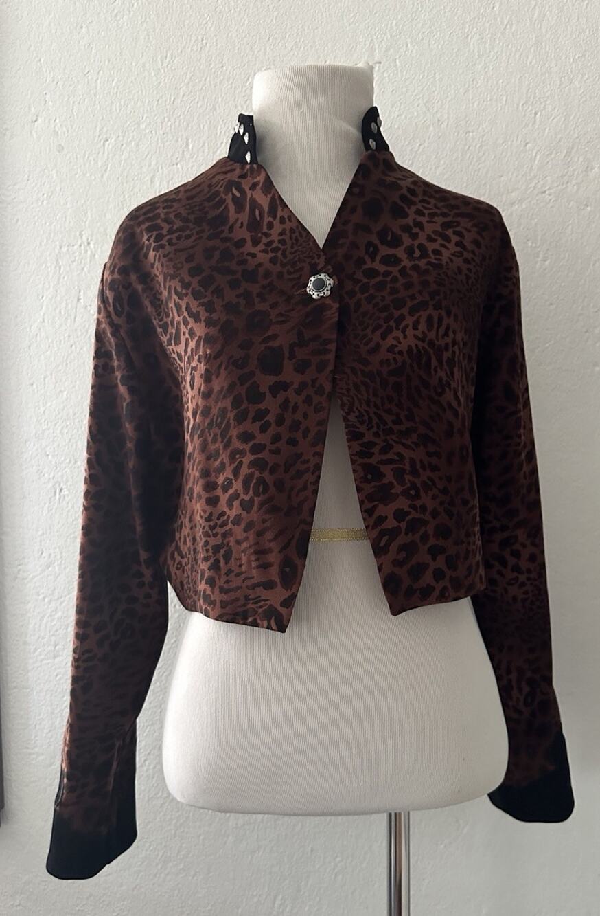 Vtg New Frontier Western Cropped Blazer Leopard Womens Sm USA w/ Shoulder Pads